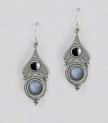 Sterling Silver Gothic Look With Grey Moonstone And Hematite Gemstone Drop Dangle Earrings